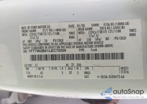 2020 Ford F-250 Xl from USA, damaged, VIN 1FT7W2B61LEC72526